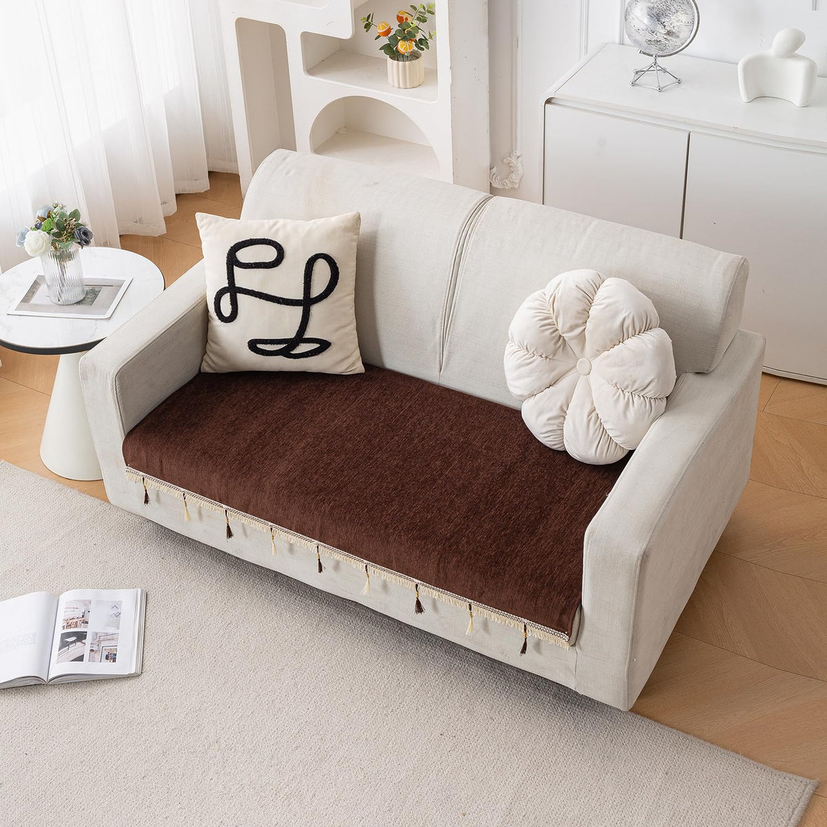 Serenity Tassel Chenille Sofa Cover with Tassel – Chestnut Luxe