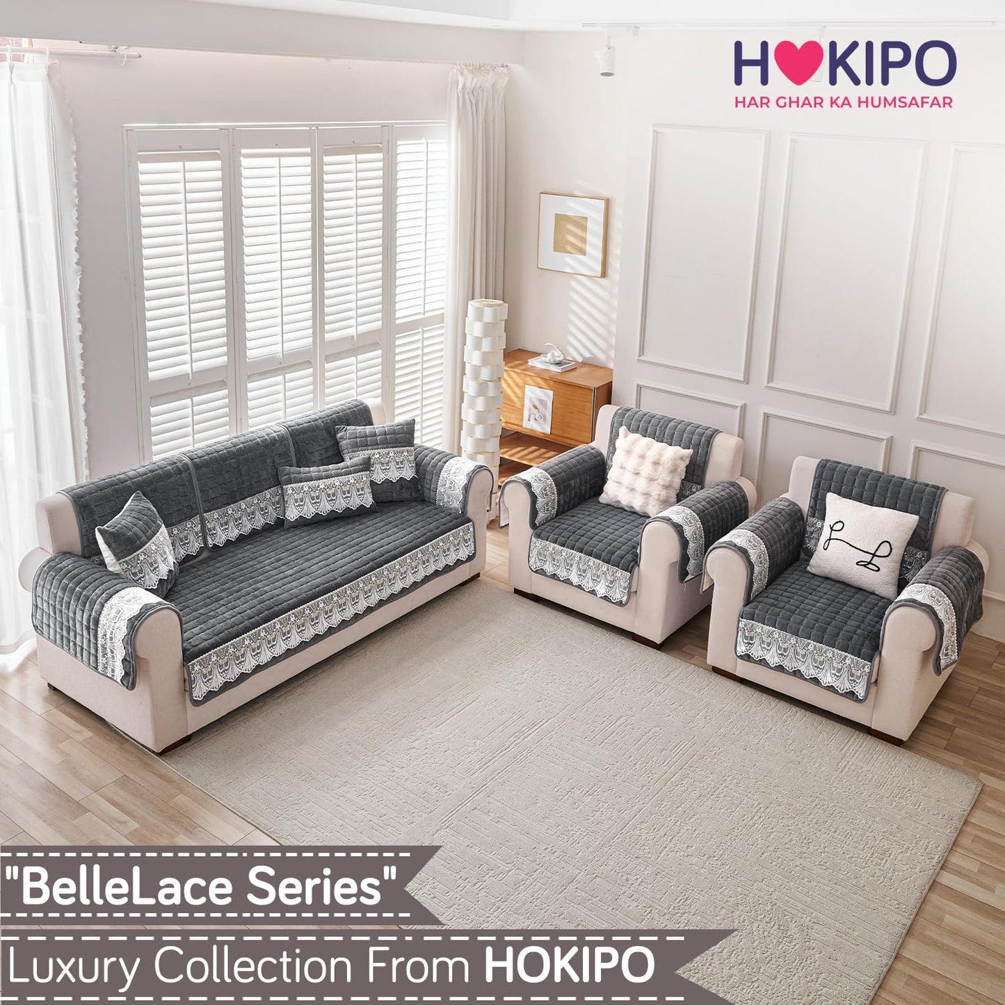 BelleLace Series Imperial Milk Velvet Sofa Cover Mat with Lace Design - Porpoise Grey