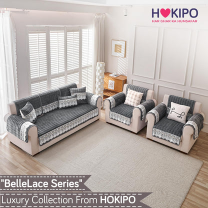BelleLace Series Imperial Milk Velvet Sofa Cover Mat with Lace Design - Porpoise Grey