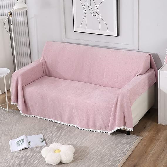 Pink colour chenille Three seater sofa throw of size 180(D)x300(L)
