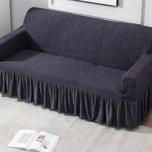 Elastic Stretchable Designer Woven Jacquard Sofa Cover with Frill, Abbey Grey