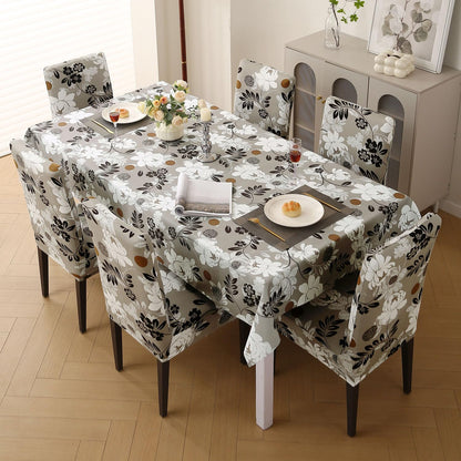 Elastic Dining Chair Covers with Matching Tablecloth, Feather Brown Floral