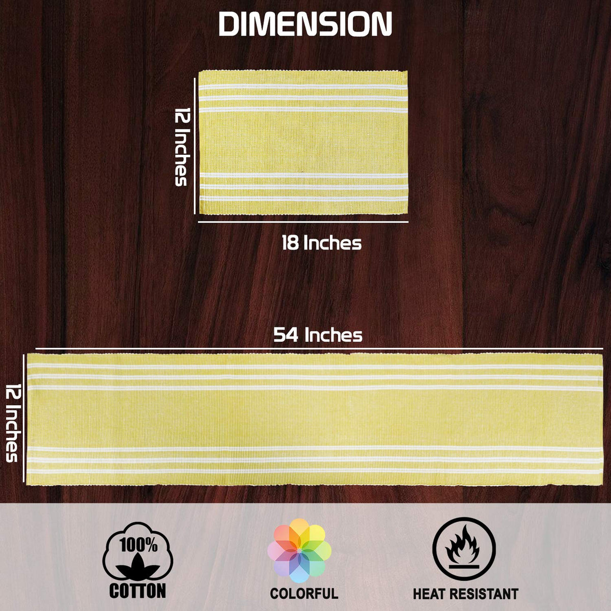 Ribbed Cotton Heat Resistant Dining Table Mat, Yellow Striped