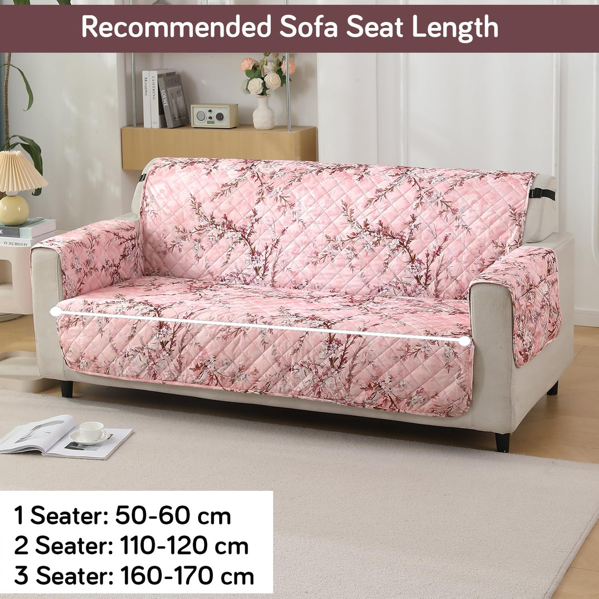 3 seater quilted waterproof sofa cover - Blossom Flower Pink print  | Hokipo