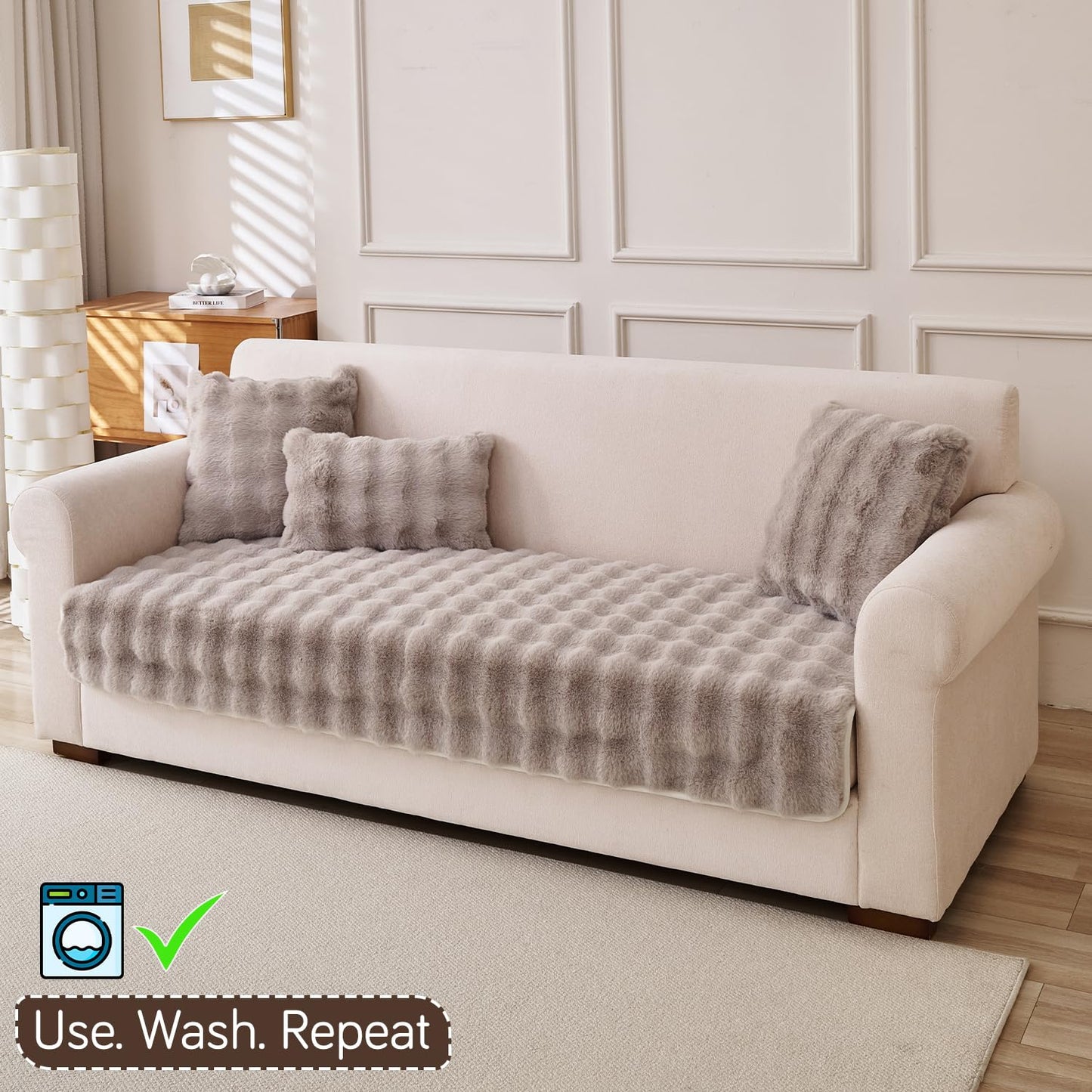 'FurHug' Premium Faux Rabbit Fur Sofa Seat Mats, Latte Brown