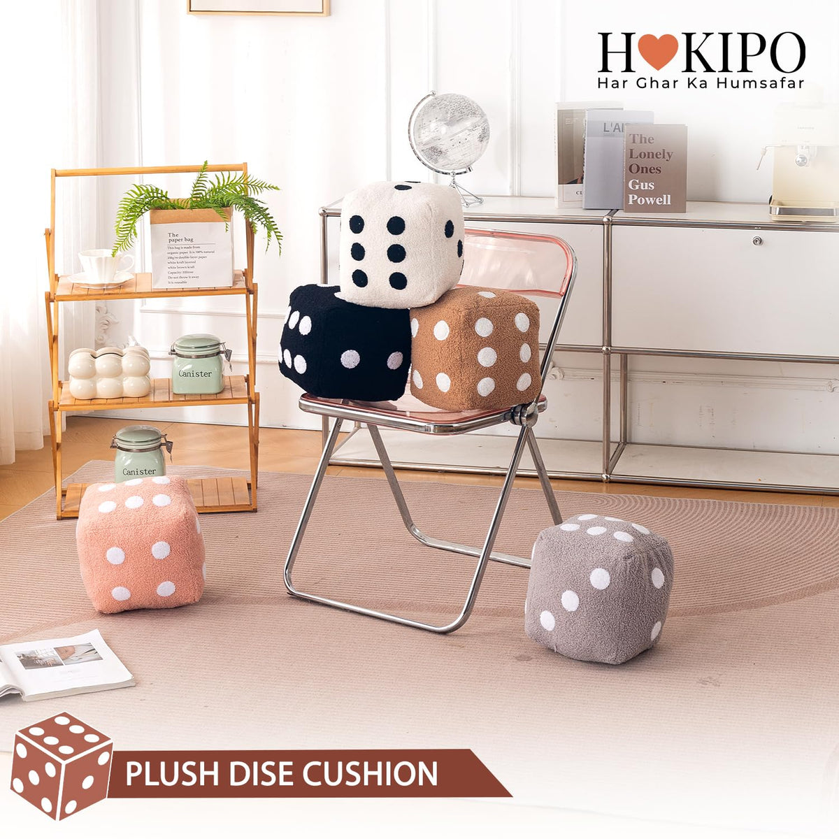 HOKIPO Dice Shaped Plush Cushion for Gaming Room & Kids Decor, 22 cm, White