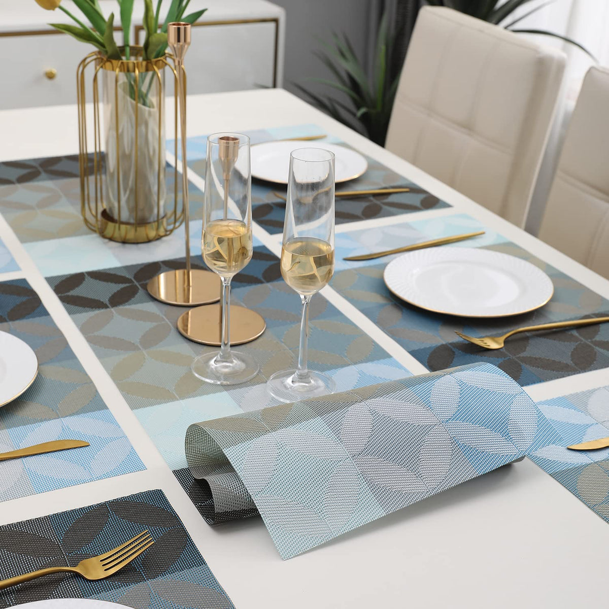 PVC Dining Table Mats, Geometric Blue
