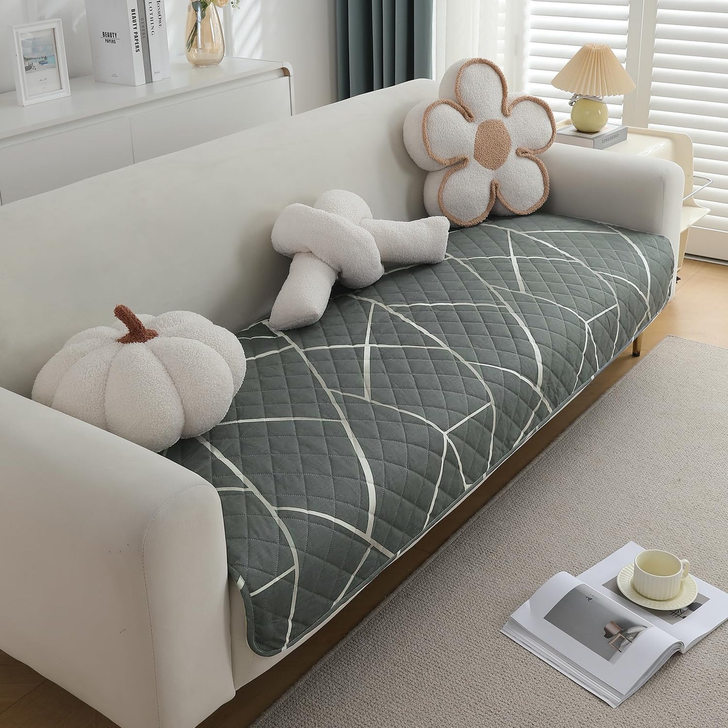 Quilted 1/2/3 Seater Waterproof and Anti-Slip Sofa Cover Mat, Abstract Geometric Shadow Grey