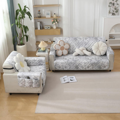 HOKIPO Quilted Waterproof Sofa Cover Mat with Pockets on Armrest Cover - Motifs Cloud Grey