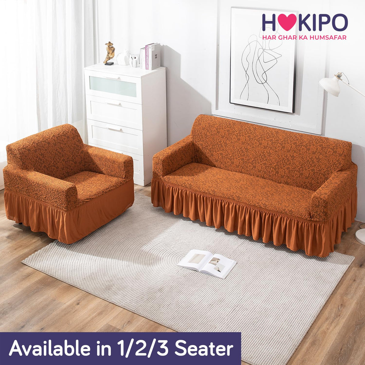 Elastic Stretchable Designer Woven Jacquard Sofa Cover with Frill, Caramel Brown