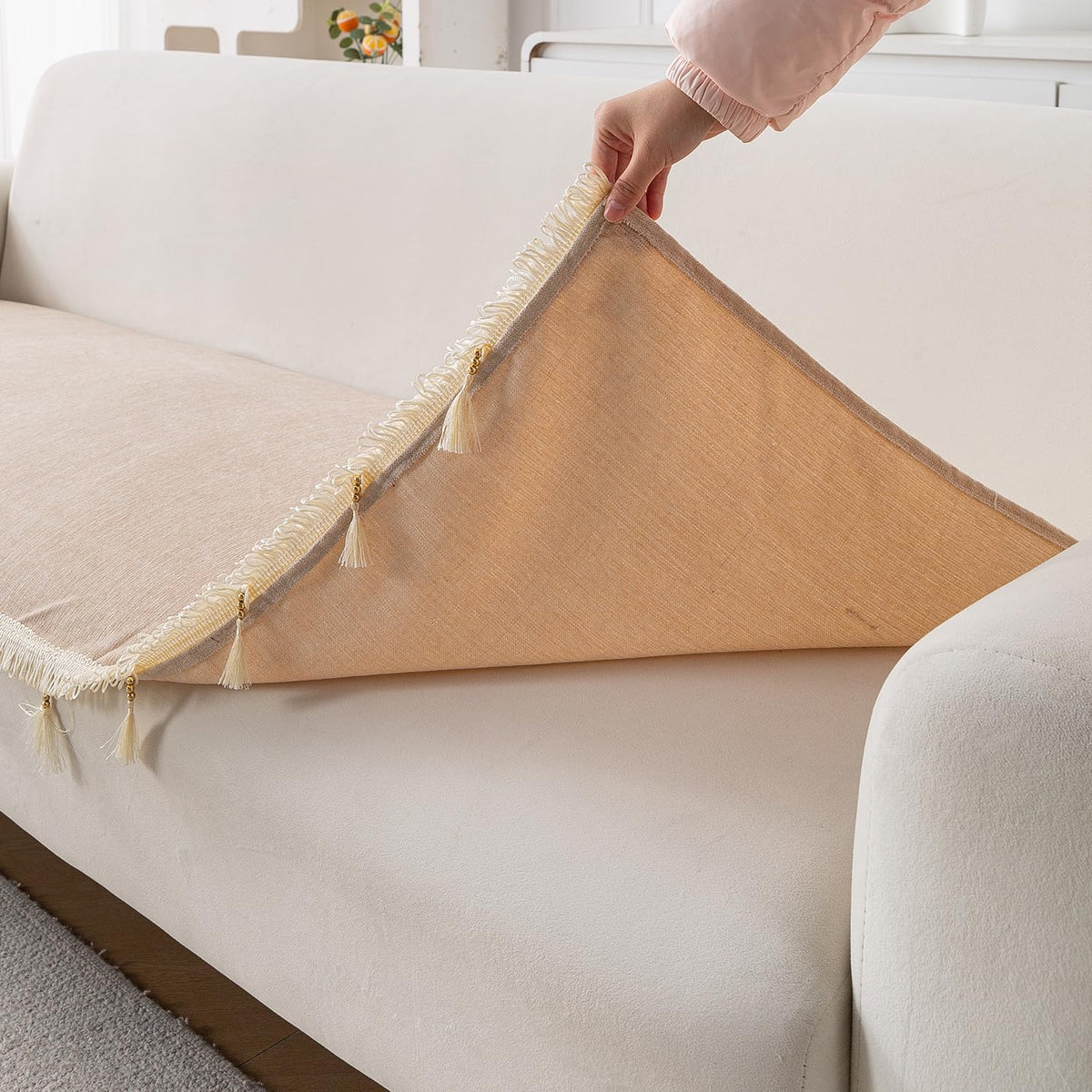 Serenity Tassel Chenille Sofa Cover with Tassel – Ivory Fringe