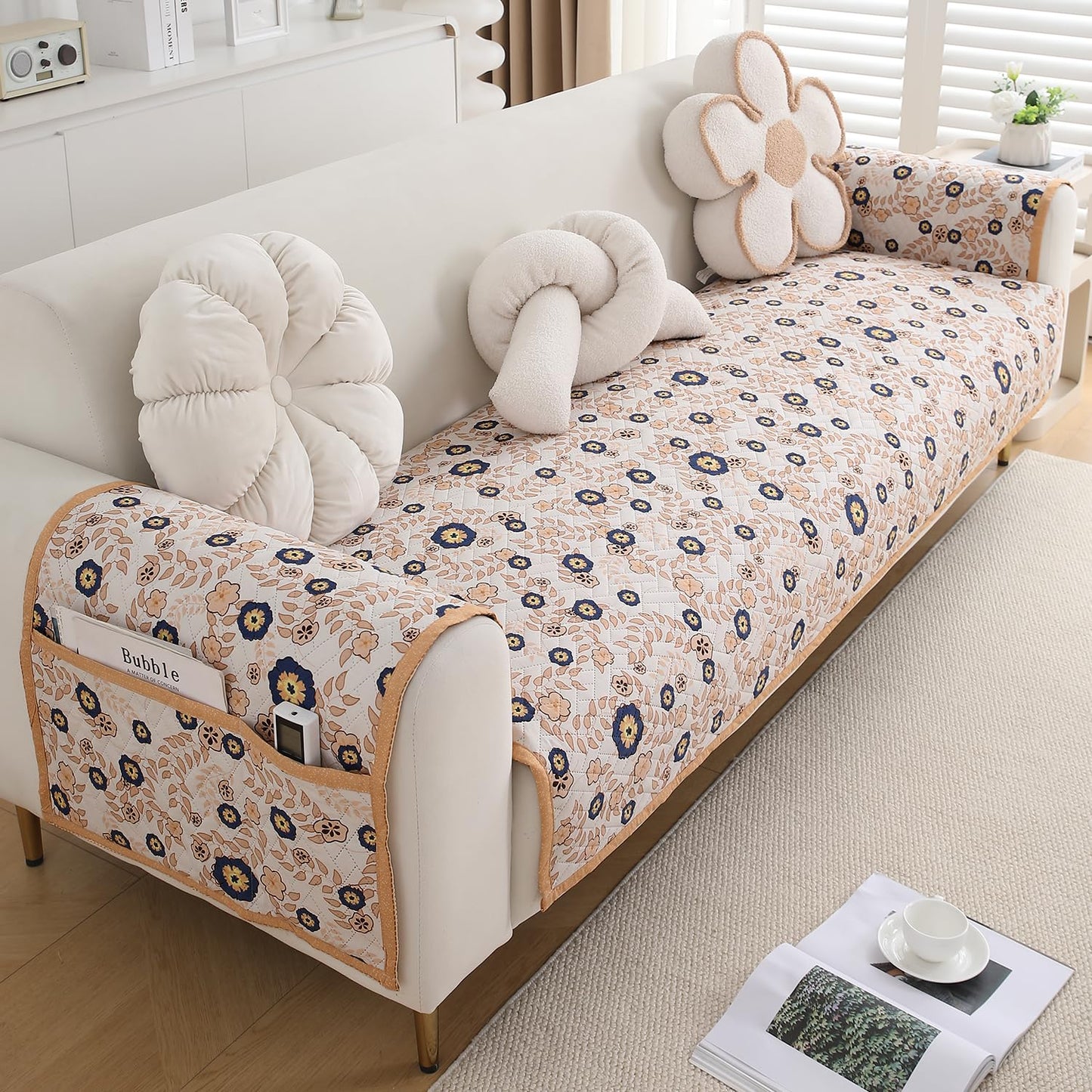 HOKIPO Quilted Sofa Seat Mat for 1/2/3 Seater with 2 Armrest Covers with Pockets, Light Peach Candytuft