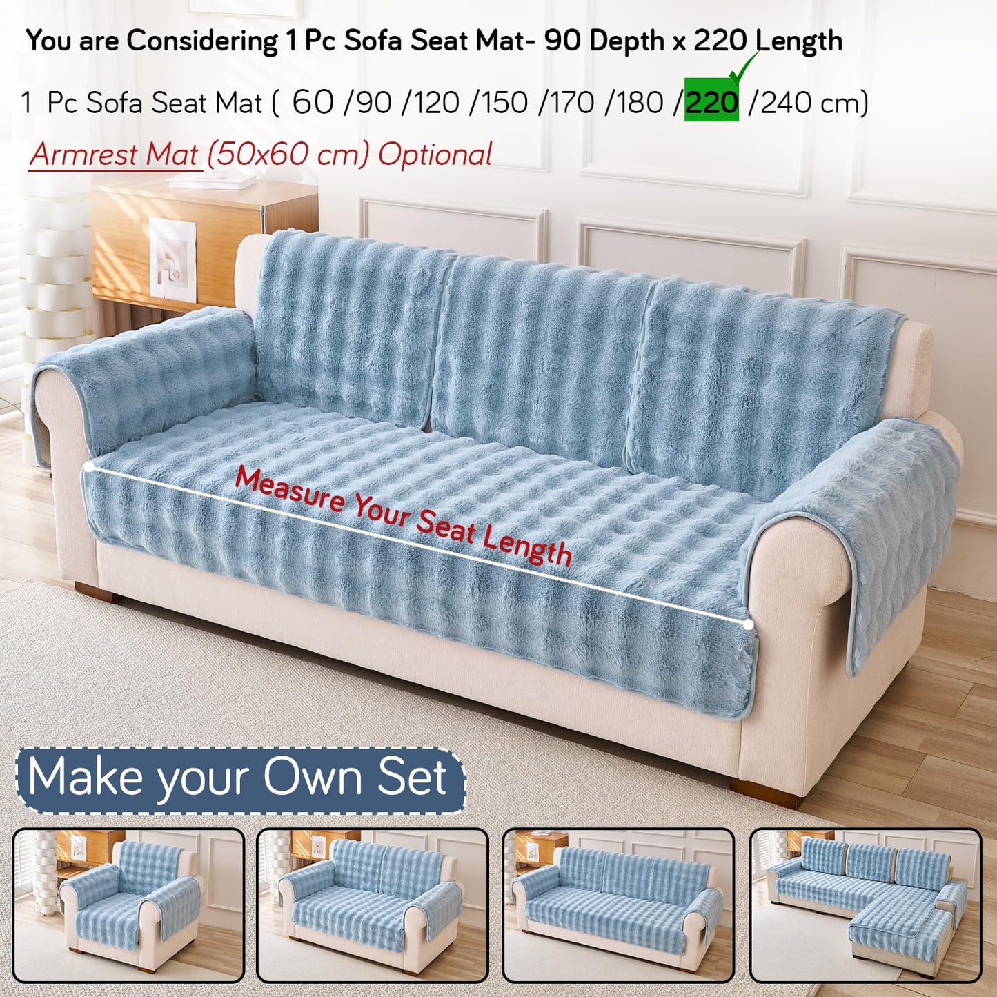 'FurHug' Premium Faux Rabbit Fur Sofa Seat Mats, Charm Blue