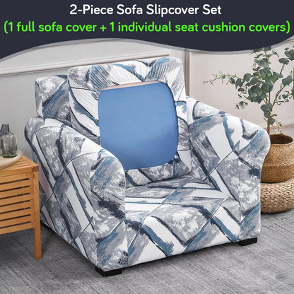 Printed Stretchable Sofa Slipcover with 1/2/3 Pc Separate Seat Cushion Cover for each 1/2/3 Seater, Graphite Glacier Grid