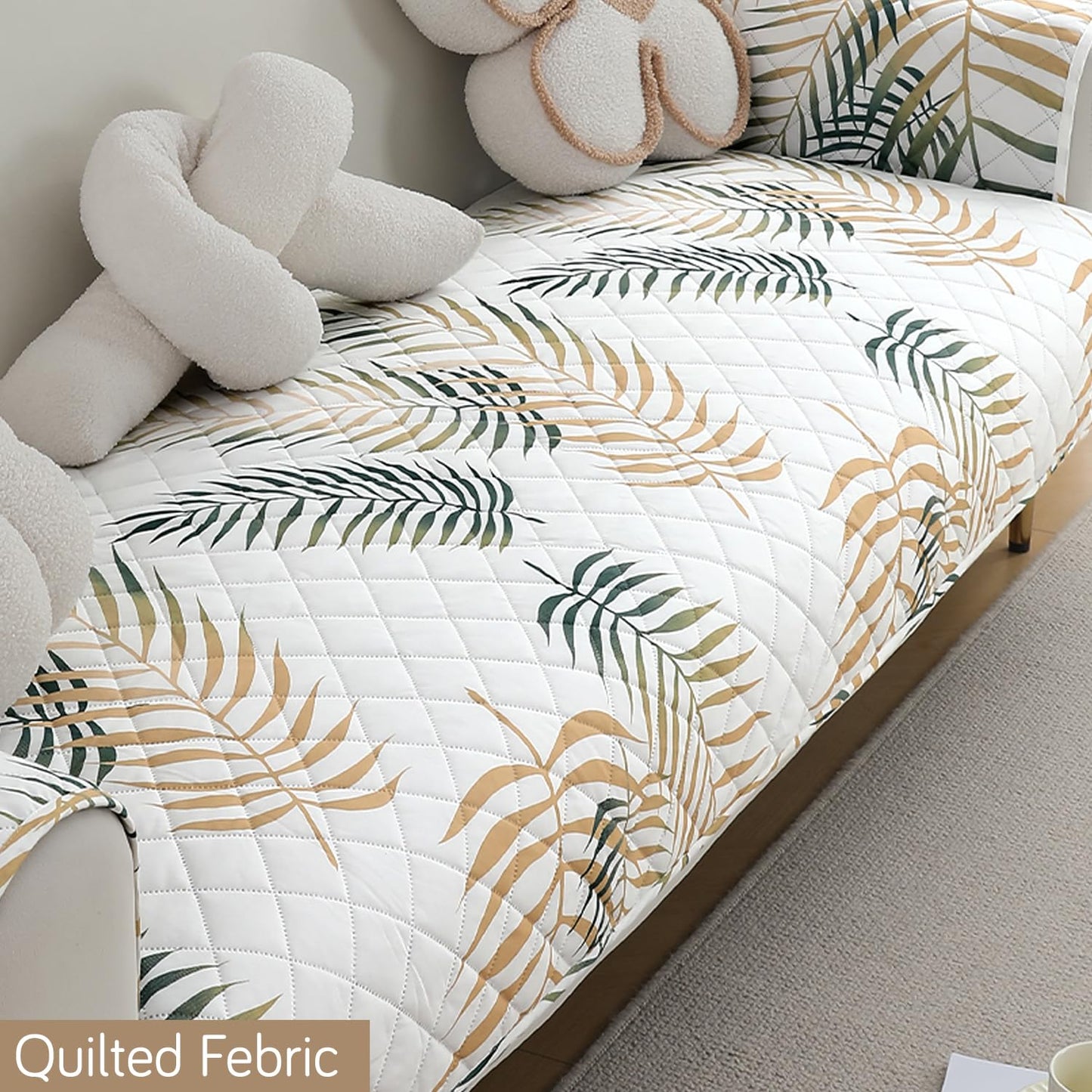 HOKIPO Quilted Waterproof Sofa Seat Mat with 2 Armrest Covers with Pockets, Palm Leaves Forest Green