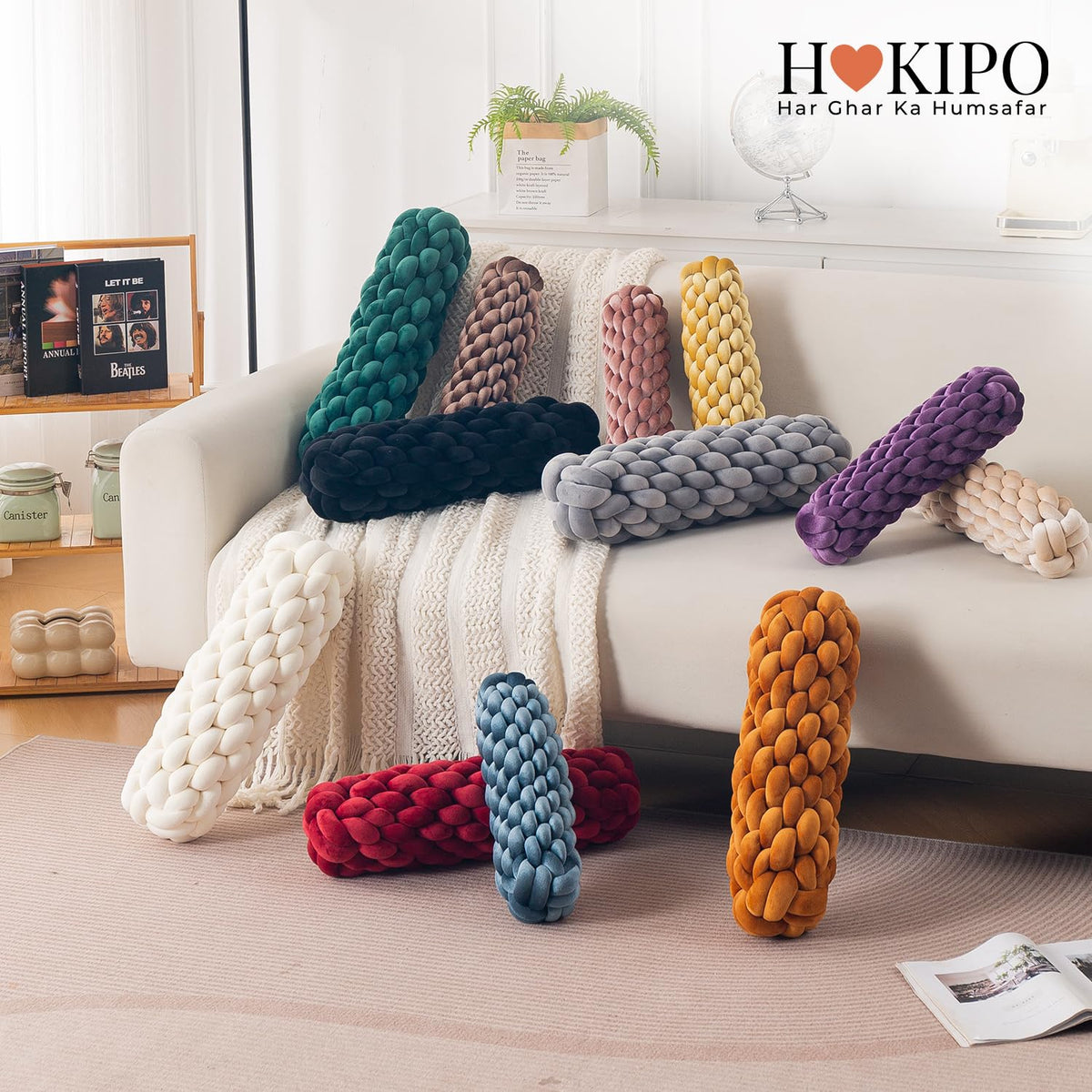HOKIPO Braided Knot Bolster Cushion for Sofa, Chair & Bed, 45 cm, Beige