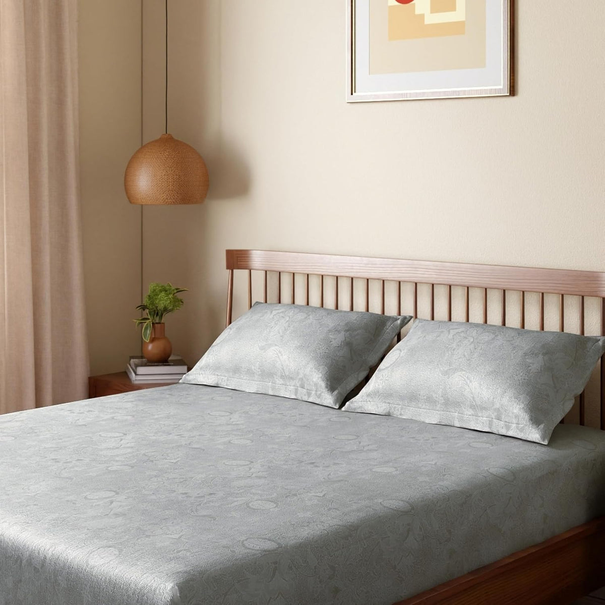 HOKIPO King Size Cotton Bedsheet, 2 Pillow Covers, Floral, Grey & Ivory - image 1