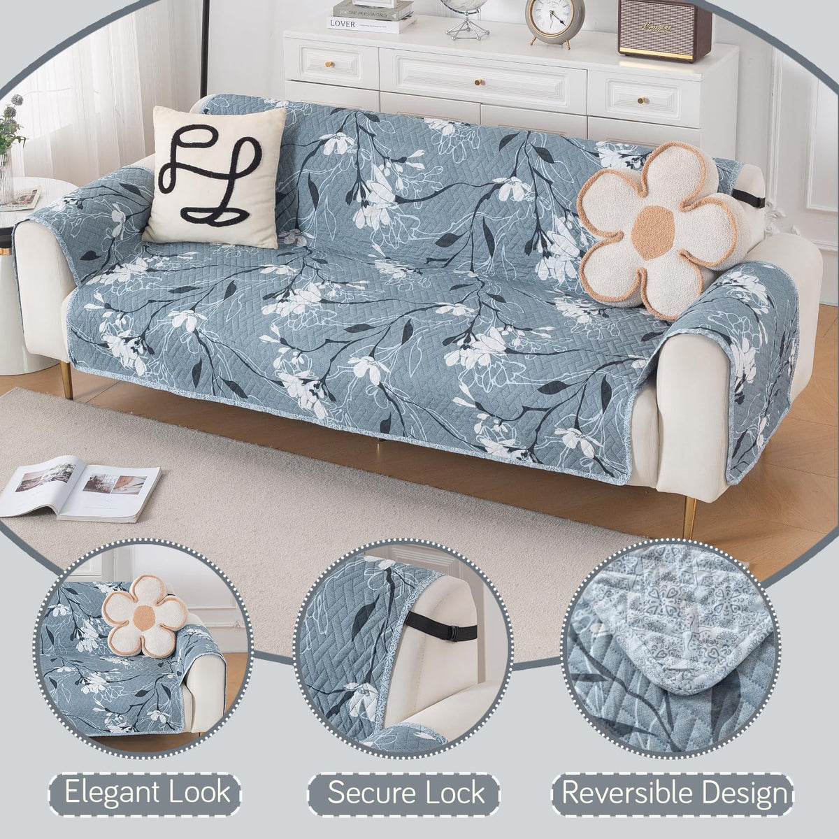 Easy Drape Reversible Quilted 5-Seater Sofa Cover (3+1+1), Blue Blossom