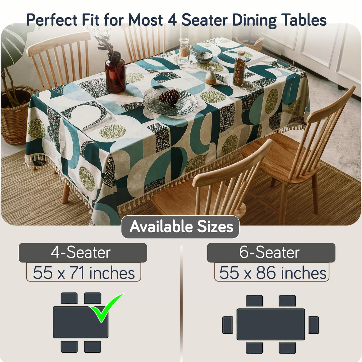 HOKIPO ShieldQuilt Table Cloth with Tassel Edge for 4/6 Seater, Aqua Geometry - image 2