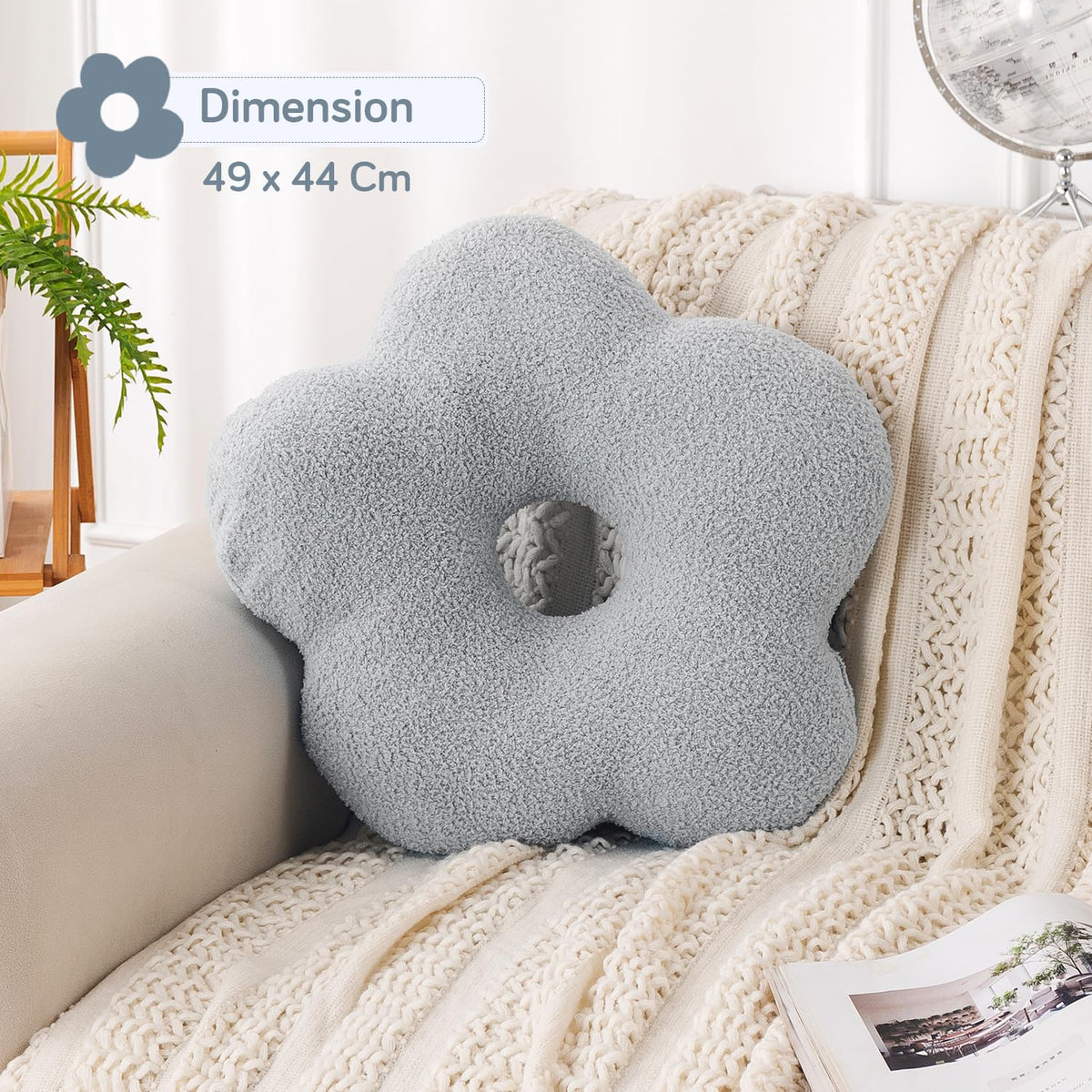 HOKIPO Flower Shaped Cushion for Sofa & Bed, 49 cm, Light Grey