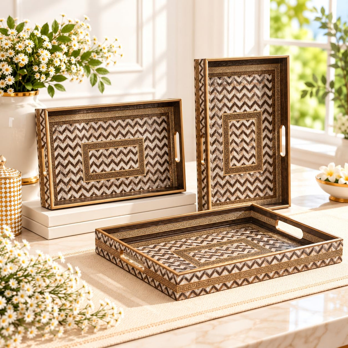 HOKIPO Serving Tray Set of 3, Engineered Wood, Moroccan Prism - image 13