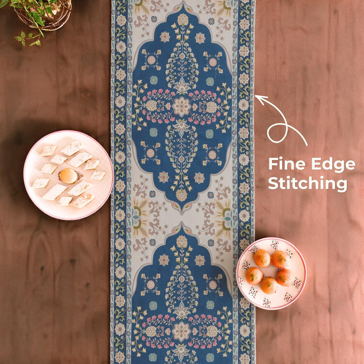 HOKIPO Heritage Pattern Printed & Embroidered Table Runner, Navy Blue - image 4