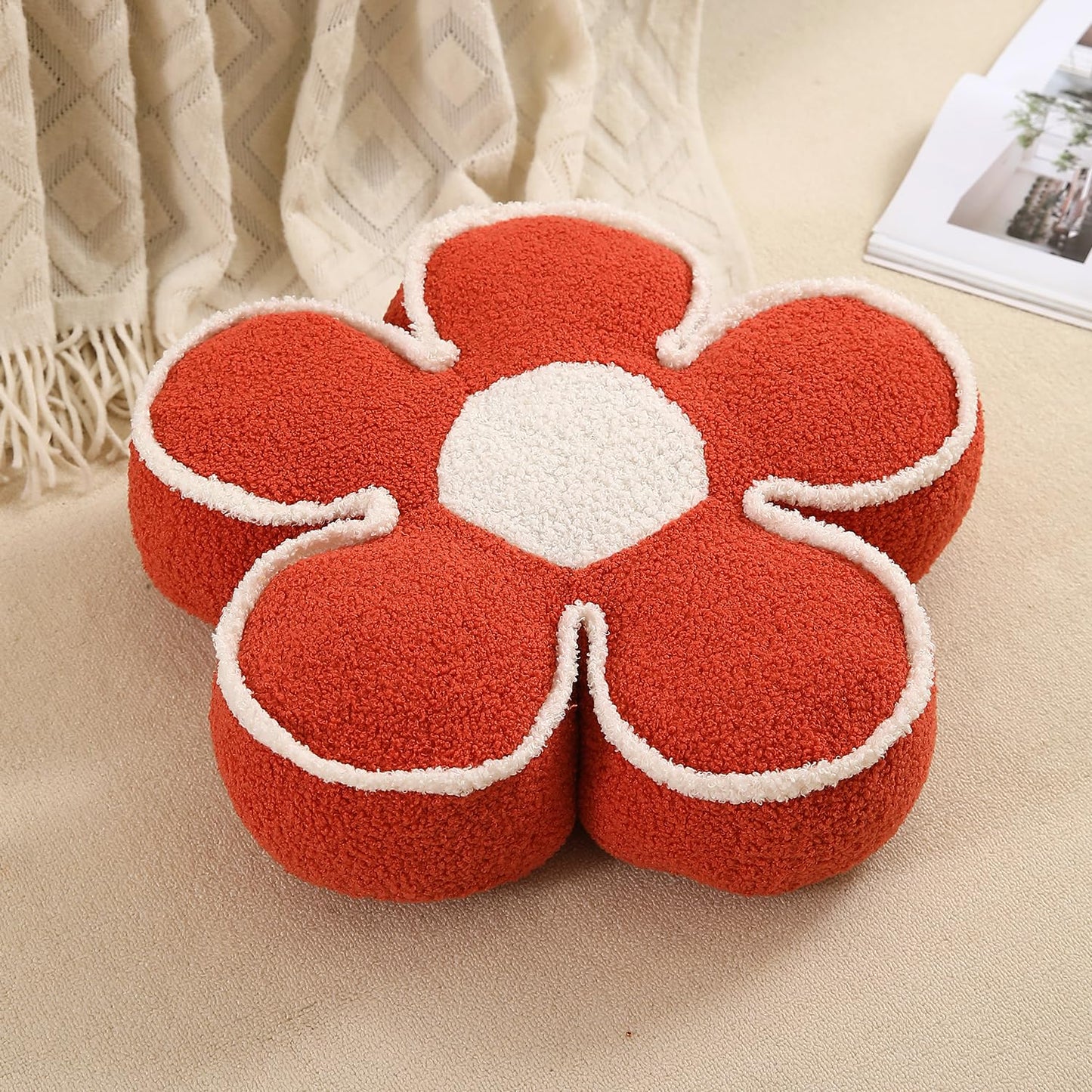 HOKIPO Plush Cotton Flower Cushion | Decorative Throw Pillow for Bed & Sofa - Orange