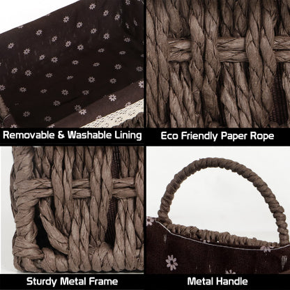 Environmental Friendly Paper Rope Wicker Storage Baskets with Handle, Pack of 2, Brown