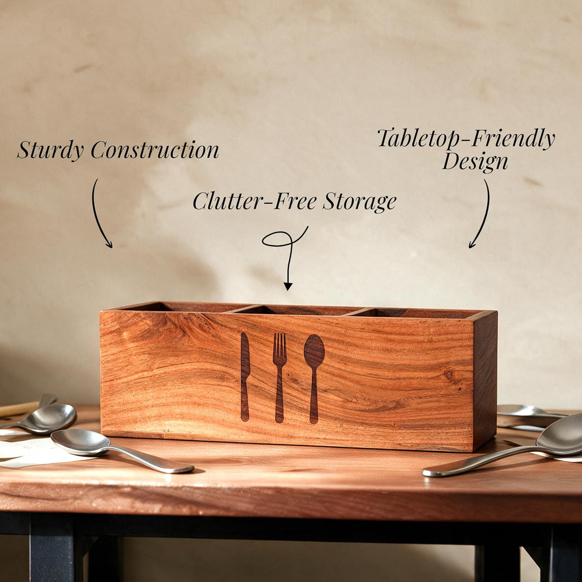 HOKIPO Arbor Acacia Wood Cutlery Holder, 3 Compartment Spoon Stand - image 4