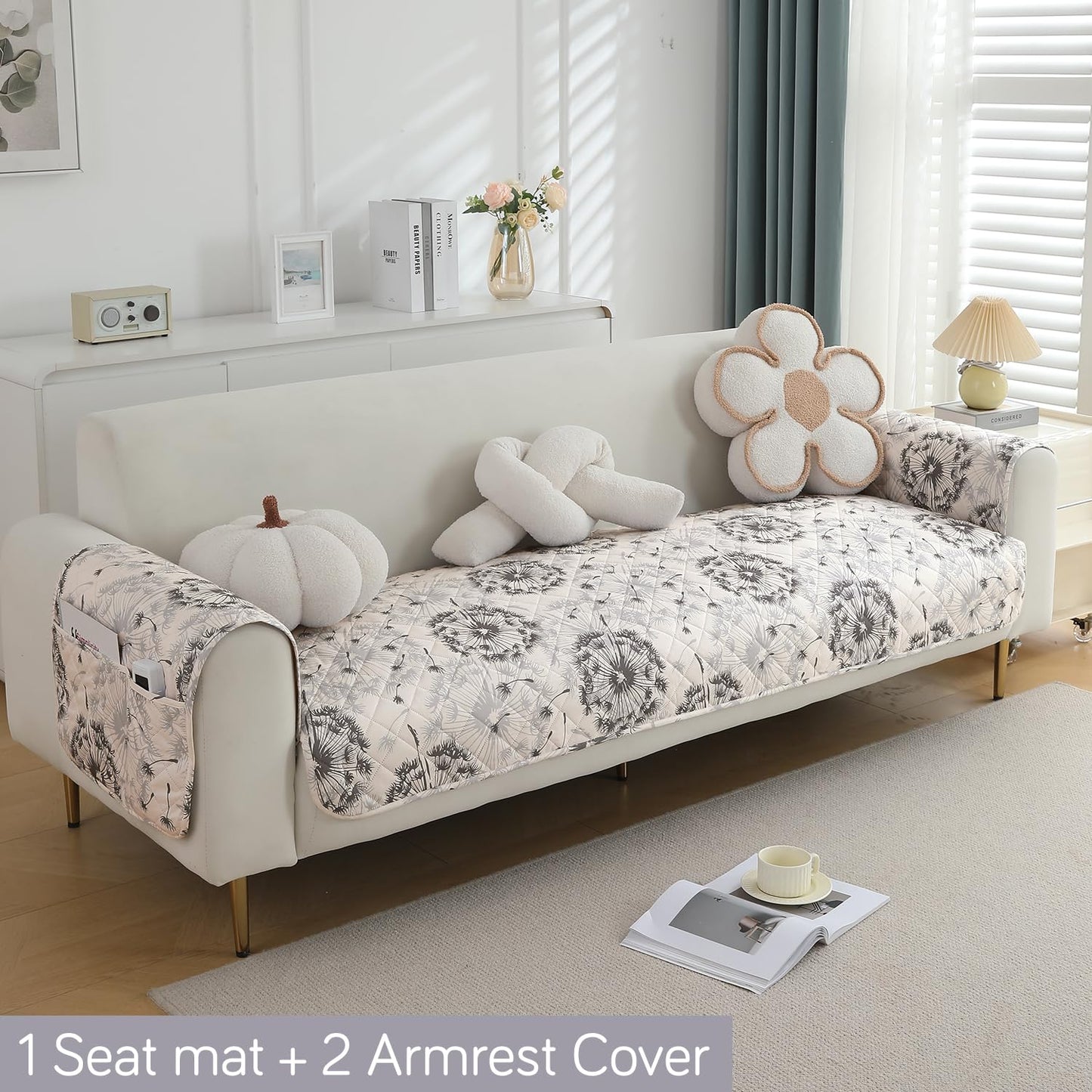 HOKIPO Quilted Waterproof Sofa Seat Mat with 2 Armrest Covers with Pockets, Dandelion Anchor Grey