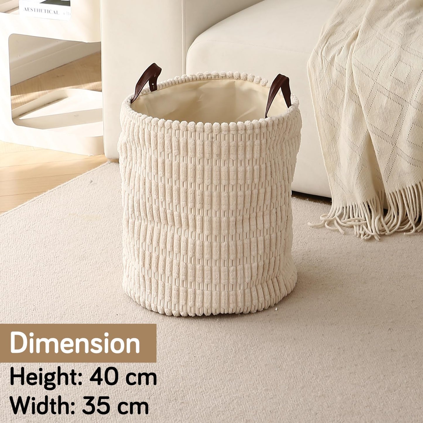 Folding Laundry Bag for Clothes Hamper Collapsible Storage Basket, Cream