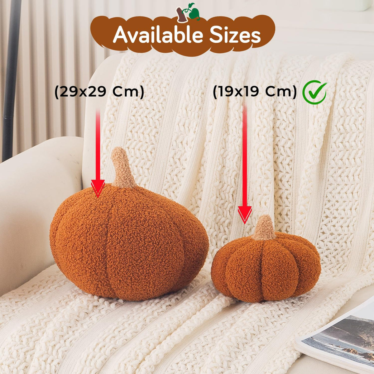 HOKIPO Pumpkin Shaped Plush Cushion for Autumn Decor, 19 cm, Brown