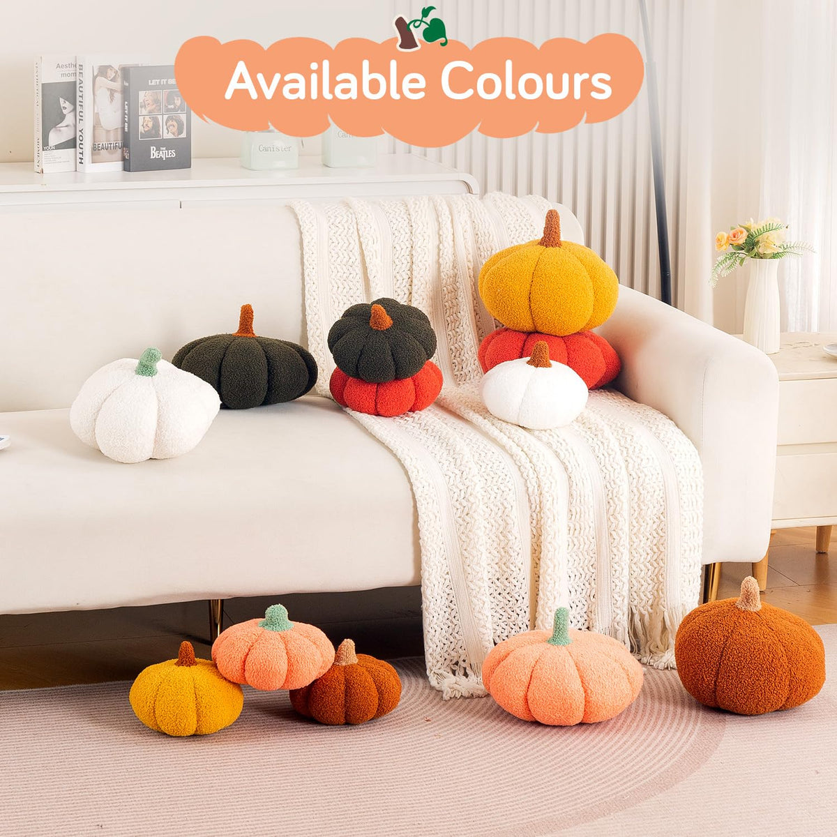 HOKIPO Pumpkin Shaped Plush Cushion for Autumn Decor, 19 cm, Peach