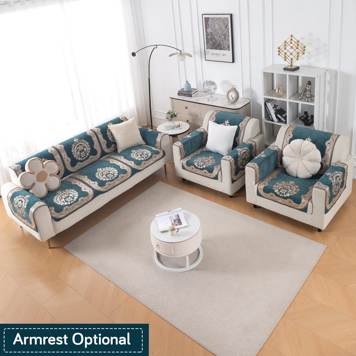Royal Aangan Premium Chenille Jacquard Sofa Cover 5 Seater Set 3+1+1 Sofa Cover for Seat & Back, Shahi Teal