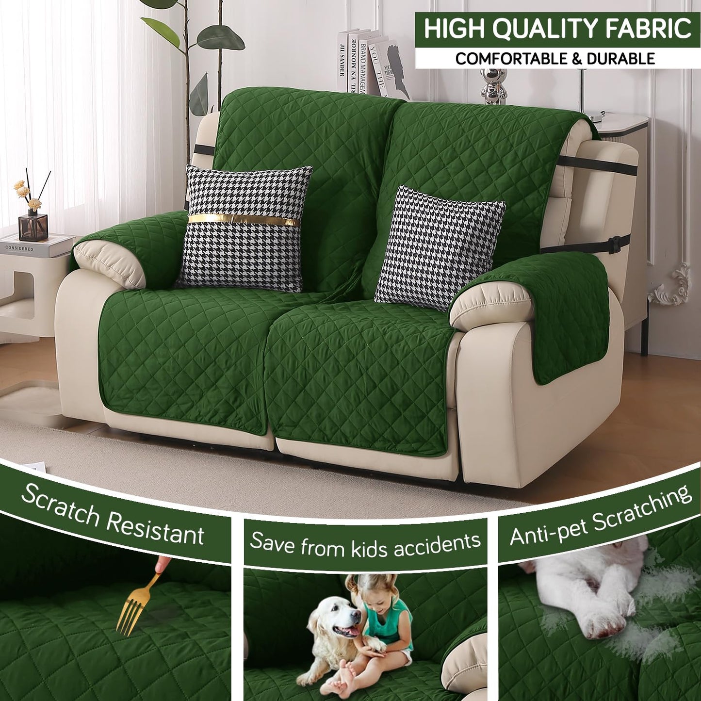 UrbanQuilt Recliner Sofa Slipcover Mat with Dual Belt for 1/2/3 Seater - Forest Green