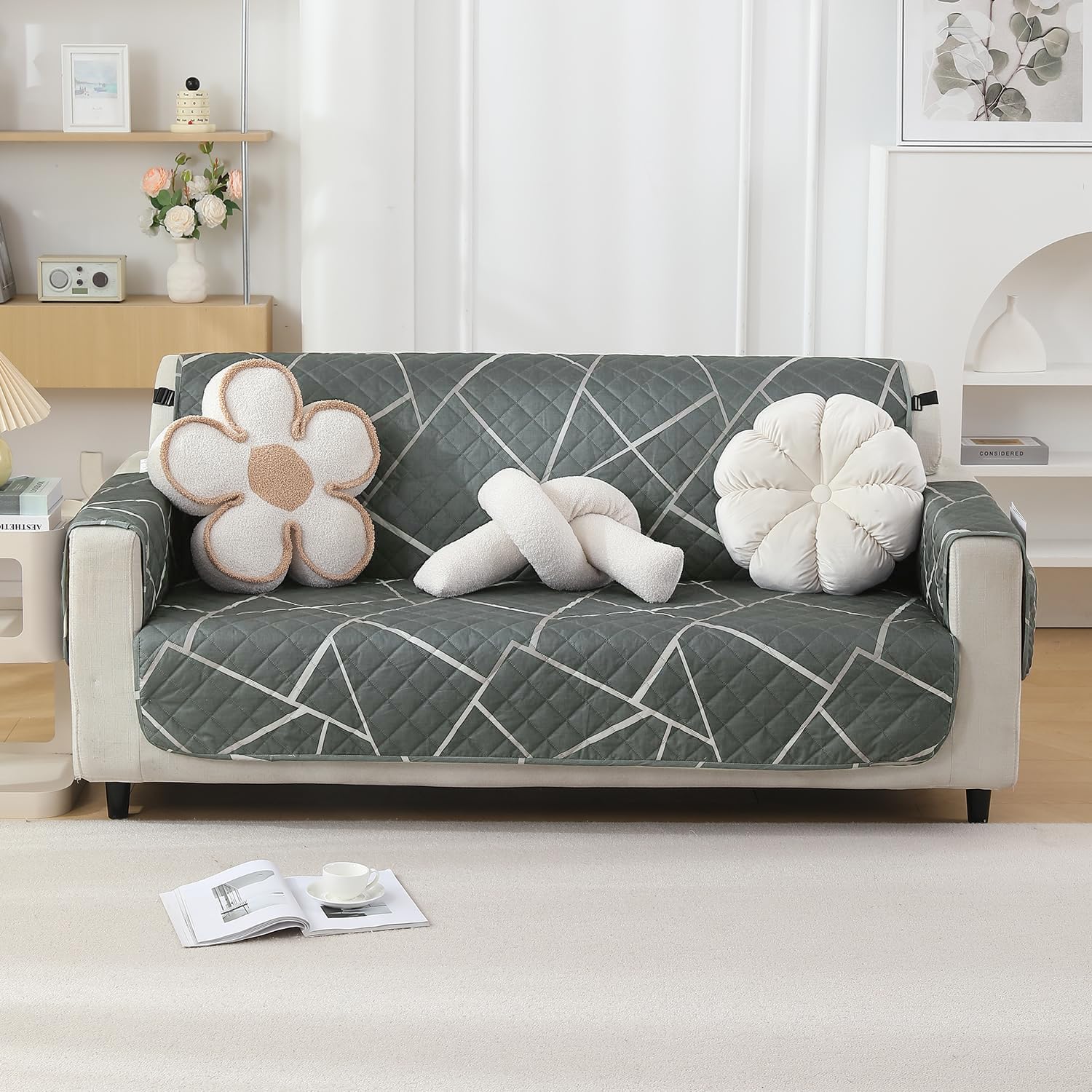 Quilted Waterproof Sofa Cover Mat with Pockets on Armrest Cover - Abstract Geometric Shadow Grey