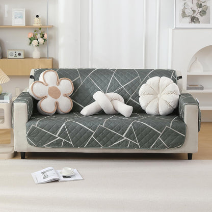 Quilted Waterproof Sofa Cover Mat with Pockets on Armrest Cover - Abstract Geometric Shadow Grey
