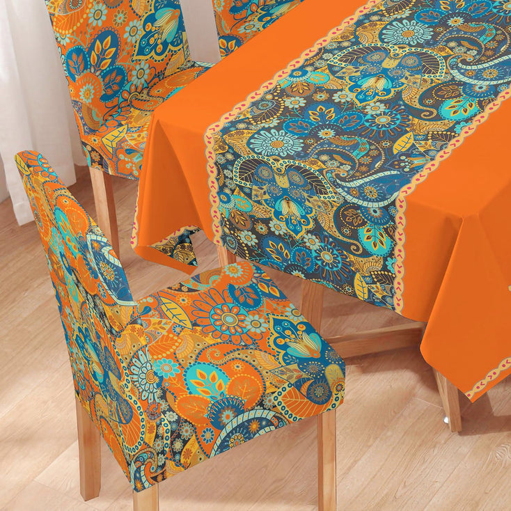 Orange Printed Dining Set Cover | 4/6 Seater