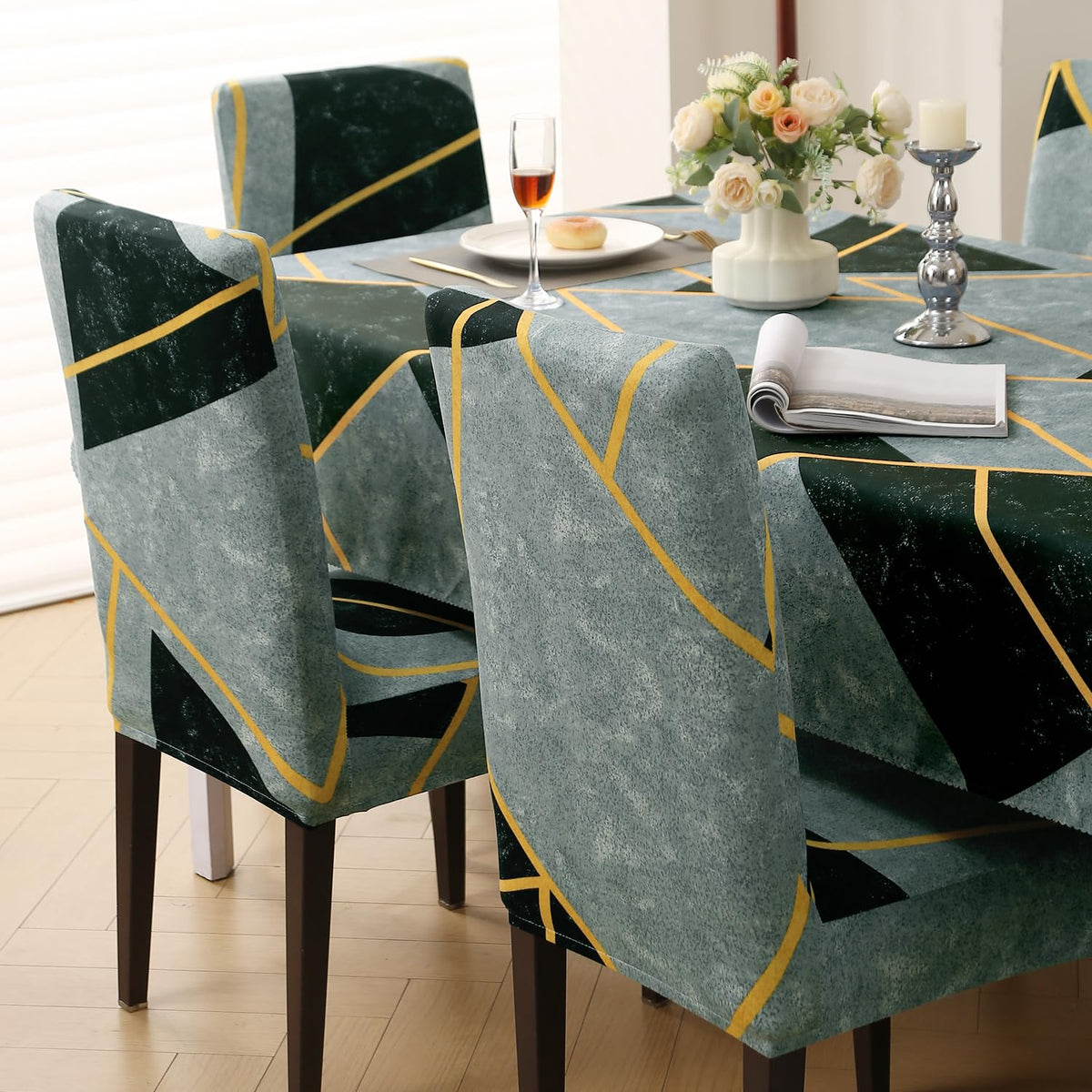Elastic Dining Chair Covers with Matching Tablecloth, Multicolor Abstract Geometry