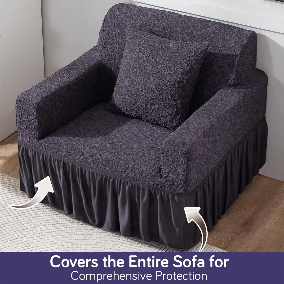 Elastic Stretchable Designer Woven Jacquard Sofa Cover with Frill, Abbey Grey