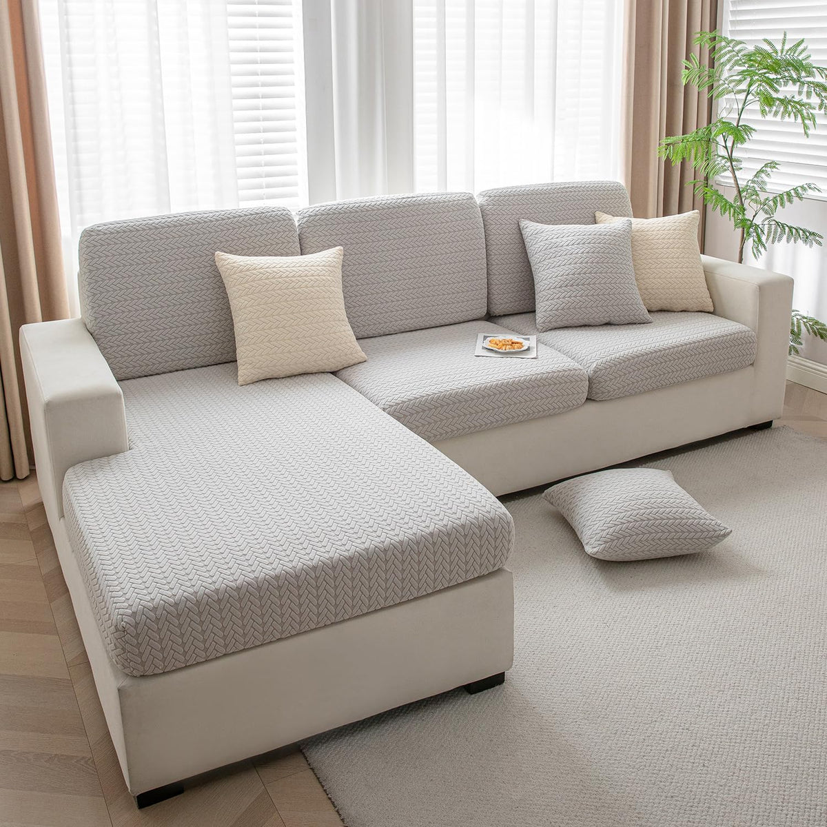 Luxurious Light Grey Colour Grid Jacquard Sofa Pillow Cover