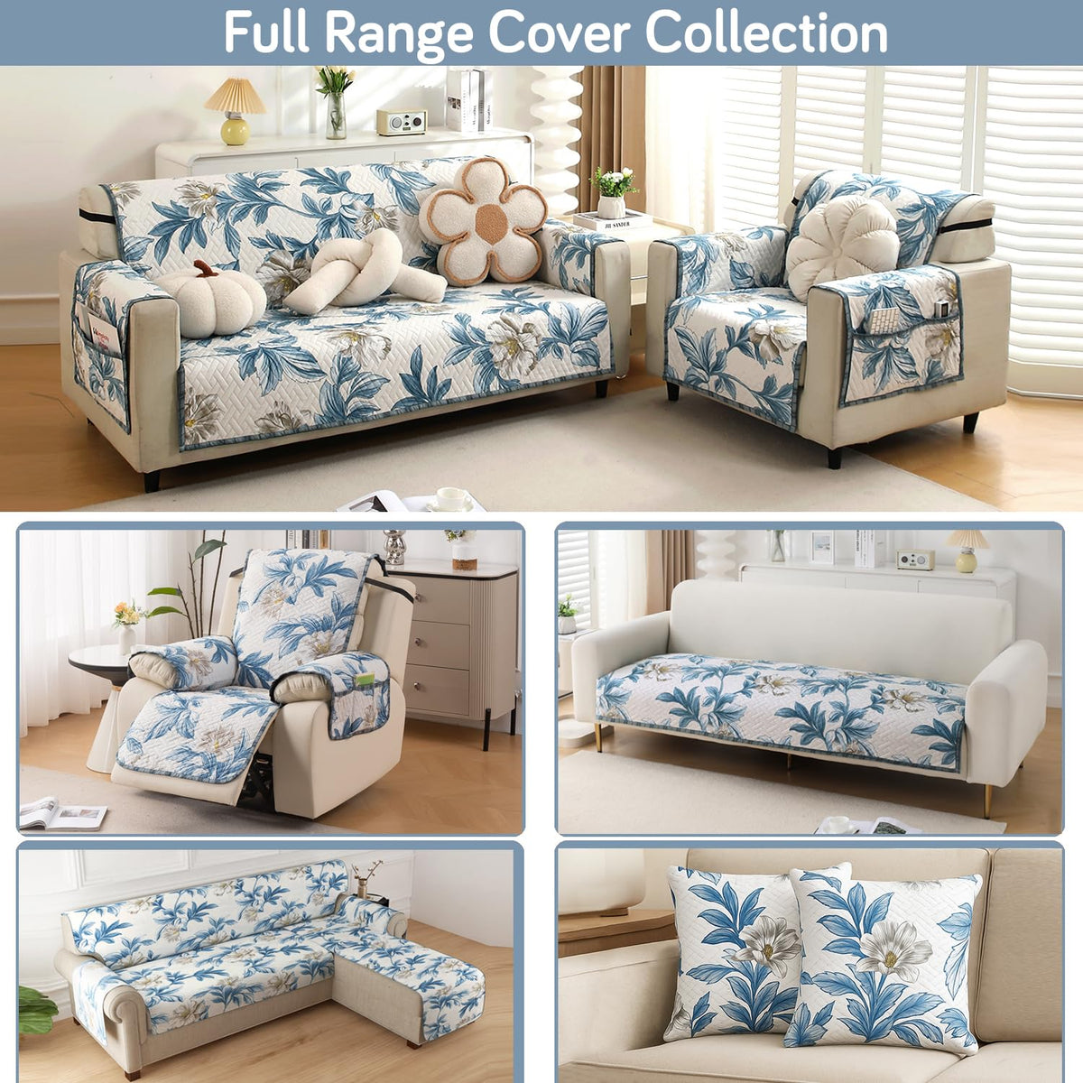 'Homehues' Printed Quilted Sofa Cover Mats, Celadon Blue Camellia