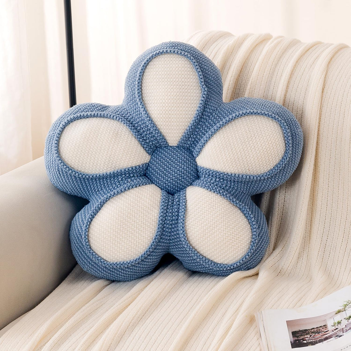 HOKIPO Daisy Petal Flower Cushion for Sofa & Bed, 47 cm, Blue