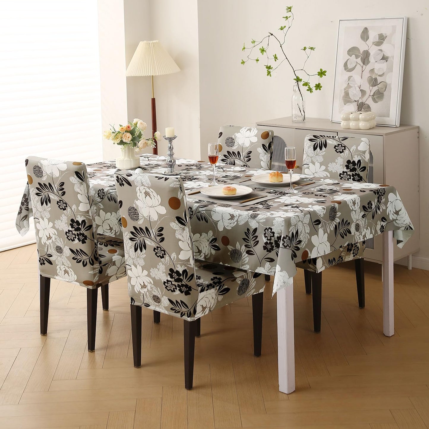 Elastic Dining Chair Covers with Matching Tablecloth, Feather Brown Floral