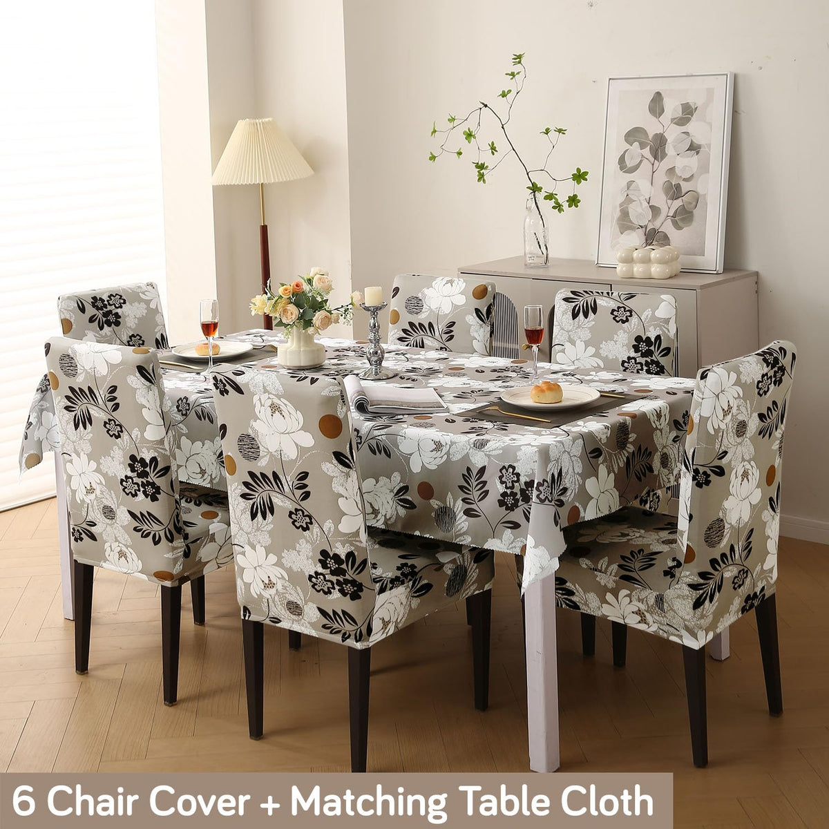 Elastic Dining Chair Covers with Matching Tablecloth, Feather Brown Floral