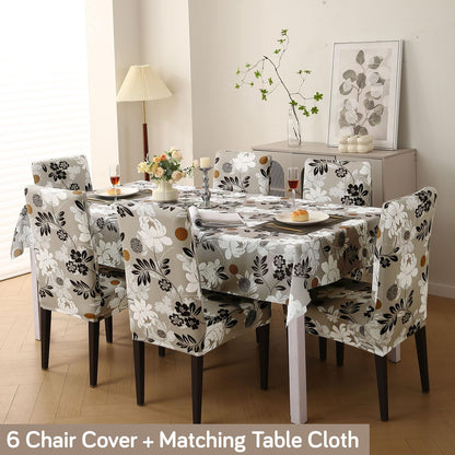 Elastic Dining Chair Covers with Matching Tablecloth, Feather Brown Floral