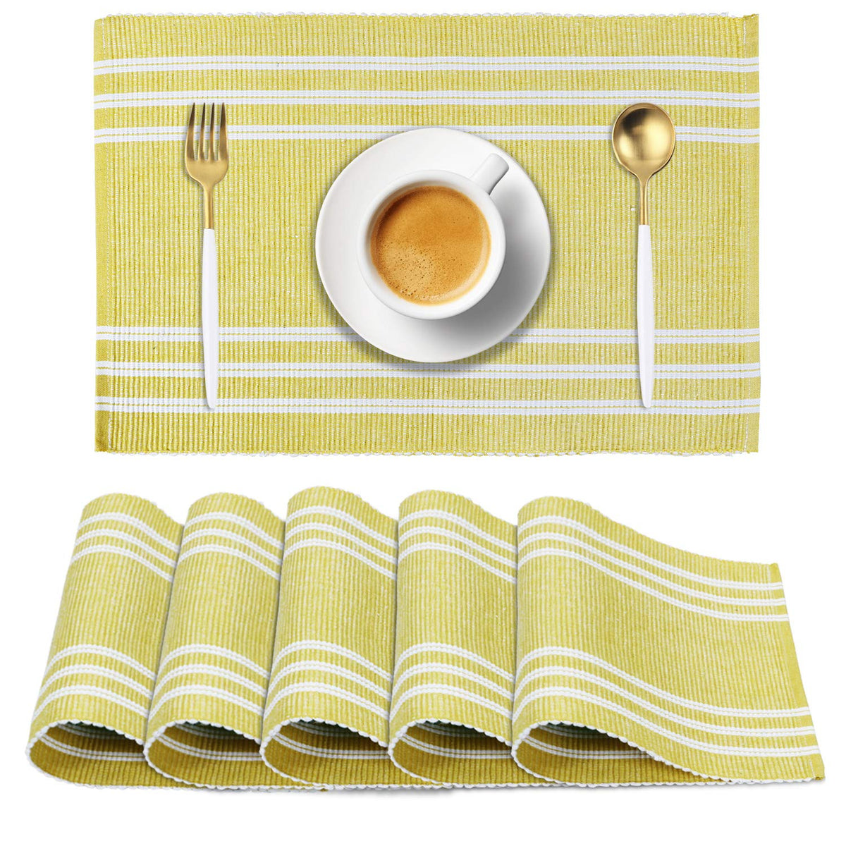 Ribbed Cotton Heat Resistant Dining Table Mat, Yellow Striped