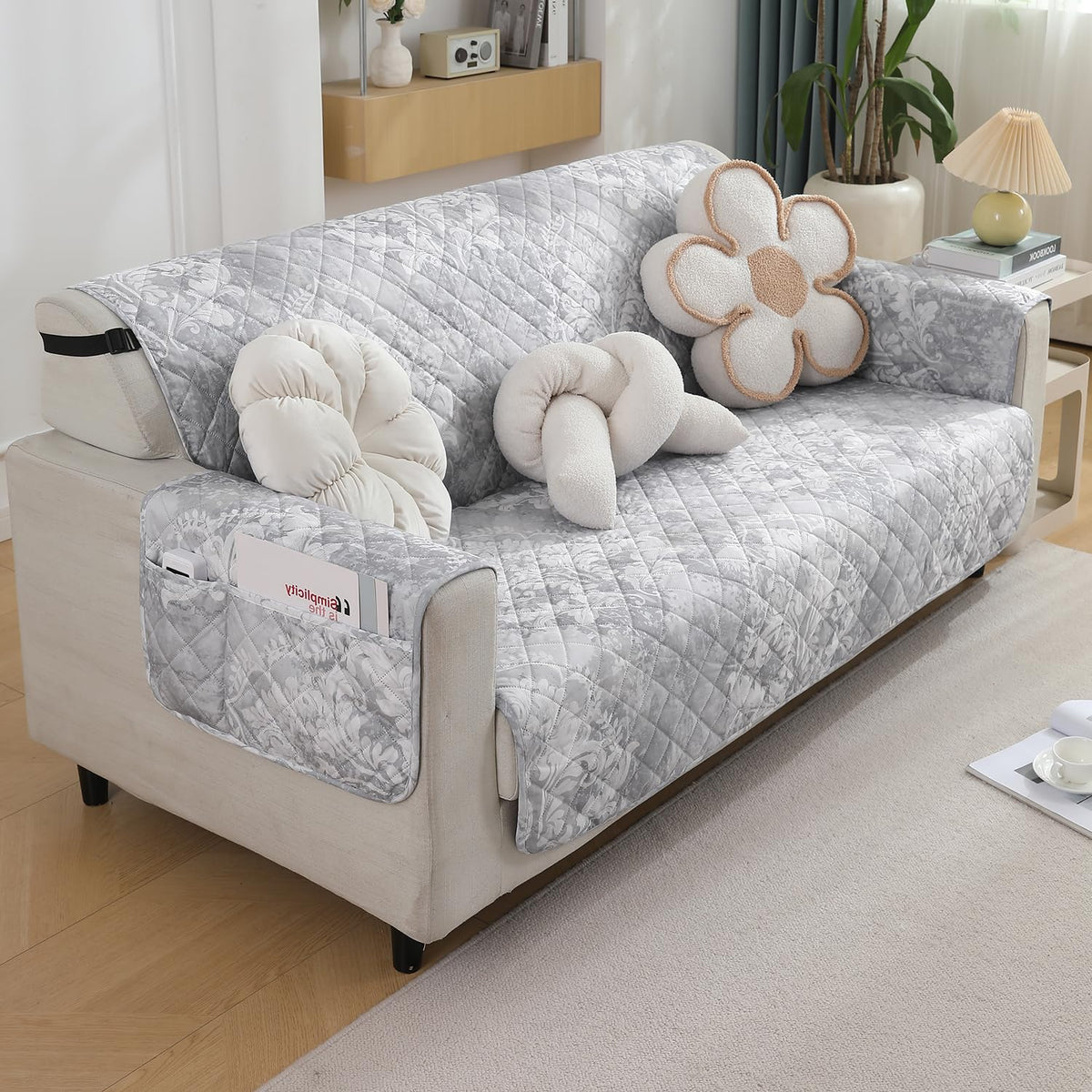 Quilted Waterproof Sofa Cover Mat with Pockets on Armrest Cover - Motifs Cloud Grey