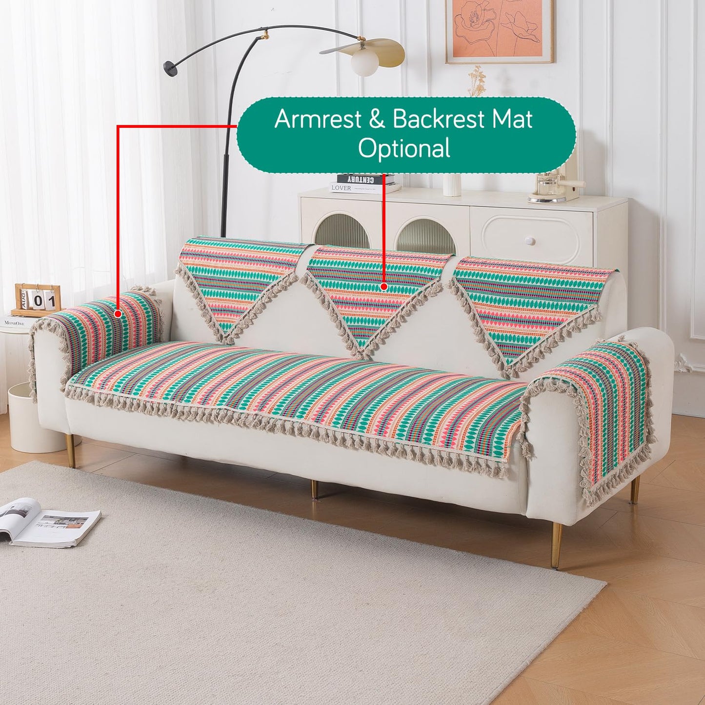 Artisan Boho 5-Seater Sofa Seat Mat with Tassels (3+1+1), Mint Green