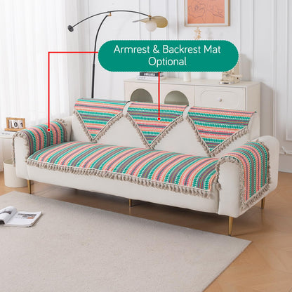 Artisan Boho 5-Seater Sofa Seat Mat with Tassels (3+1+1), Mint Green
